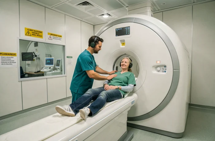 Technicien en IRM accompagnant une patiente dans un appareil d'imagerie médicale dans un hôpital à Aix-en-Provence