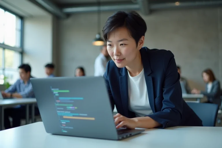 Femme professionnelle examinant les dernières tendances informatiques sur un ordinateur portable dans un bureau moderne