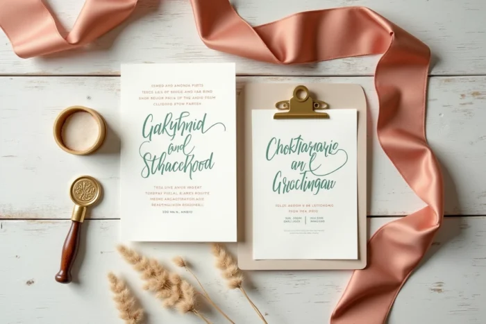 Flat lay des tendances papeterie mariage avec faire-part en calligraphie, herbes séchées et boîte à bague en laiton