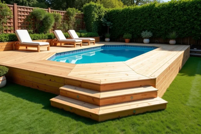 Terrasse surélevée en bois avec accès plage et escalier intégré autour d'une piscine hors sol dans un jardin paysagé