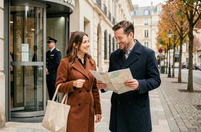 Couple de touristes sortant d'un hôtel du centre de Dijon et consultant un plan de la ville à pied dans une rue piétonne