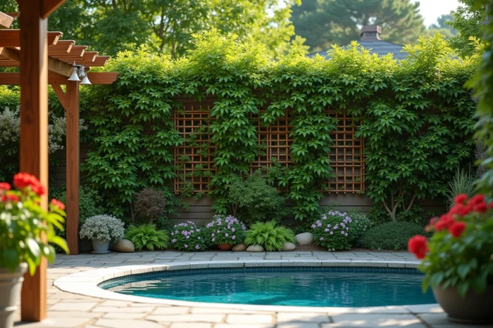 Treillis en bois recouvert de plantes grimpantes comme le lierre et la clématite installé autour d'une piscine hors sol sur terrasse en pierre