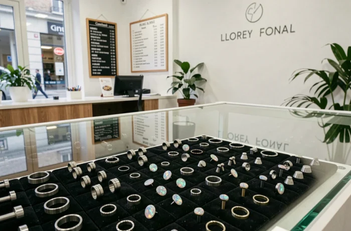 Vitrine de bijoux pour piercing avec tarifs affichés dans un salon spécialisé à Montluçon