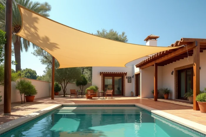 Voile d'ombrage tendue sur une piscine hors sol avec pergola adossée à la maison sur une terrasse de style méditerranéen