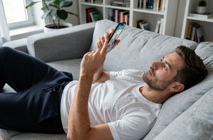 Homme consultant anonymement des stories Instagram sur smartphone depuis son canapé à la maison