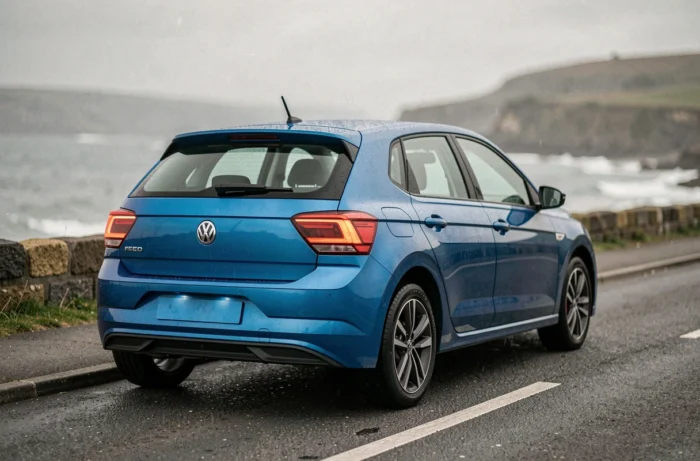 Volkswagen Polo 6 en bleu Reef métallisé photographiée de trois quarts arrière sur une route côtière