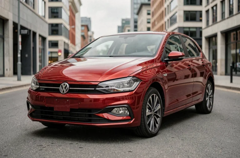 Volkswagen Polo 6 en finition métallisée rouge Kings Red vue de trois quarts avant dans un cadre urbain