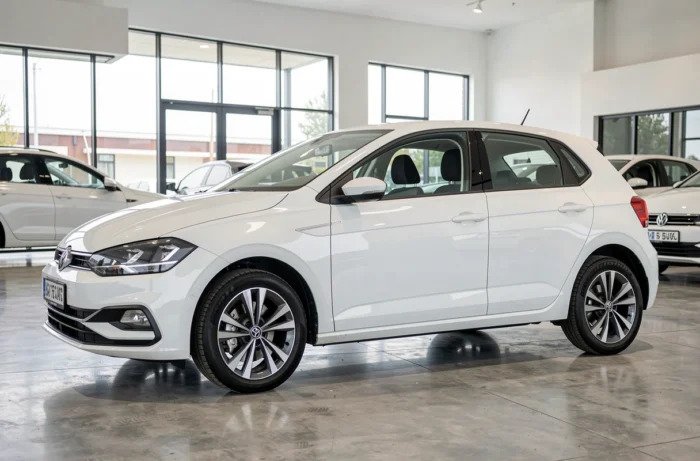 Volkswagen Polo 6 en blanc pur exposée dans une concession automobile moderne avec sol en béton poli