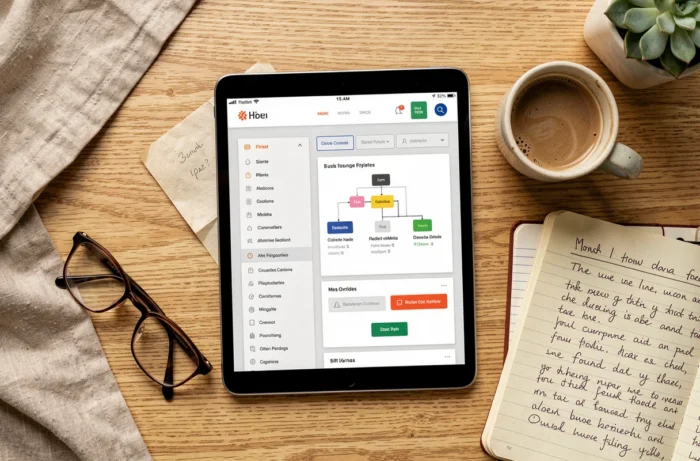 Vue aérienne d'une tablette affichant la structure de navigation d'un site web avec notes et café sur un bureau en bois clair
