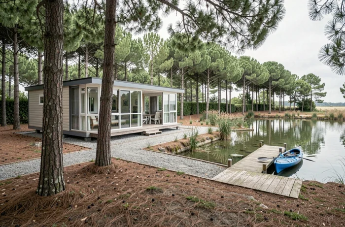 Vue aérienne d'une parcelle de mobil-home en Vendée avec ponton en bois au bord d'un étang côtier